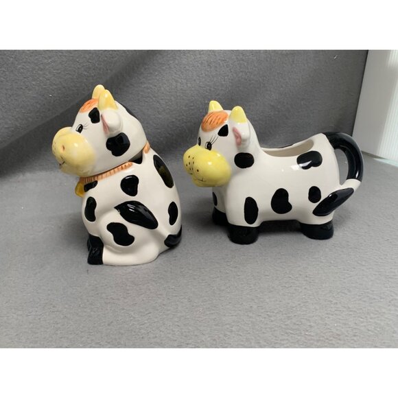 Vintage Houston Harvest Ceramic Cow Sugar Bowl & Creamer Set Black & White - Picture 2 of 16